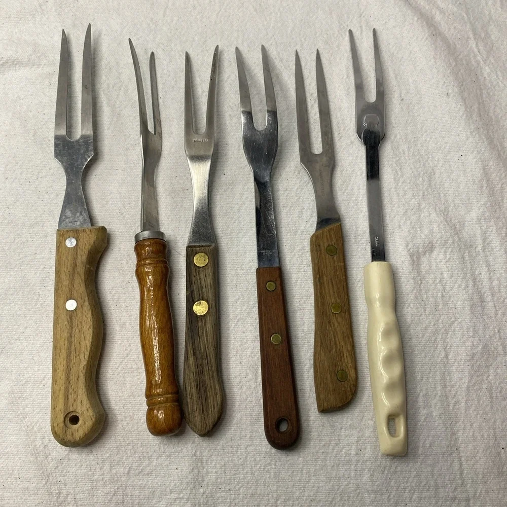Lot Of 6 Vintage Meat Forks Japan Taiwan Stainless Steel Wooden Handle